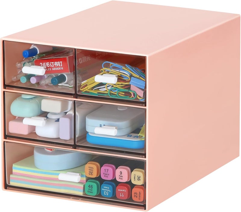 LETURE Desk Organizer with 5 Drawers, Rectangular Office Stationery Supplies Desktop Drawers, Plastic Makeup Storage, Suitable for Office, School, Home (Pink & 5 Drawers) - Image 1